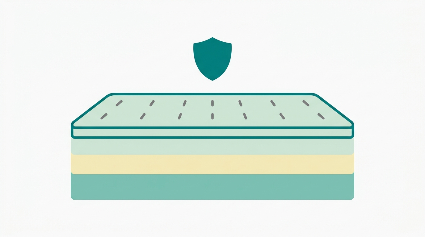Flat vector 16:9 diagram showing a cross-section of a mattress (6:1 ratio) with 4 layers: bottom layer in #78C2B2, two middle layers in #F2E8B8 and #CCE3D4, top layer in #008282 outline with #CCE3D4 fill. Small tick marks in #7A7A7A on the top layer indicate hypoallergenic treatment. A simple flat shield icon shape in #008282 floats above the top layer suggesting protection. Background #F9F9F9, generous whitespace, no text, no labels, no dust mite icons, no medical imagery.