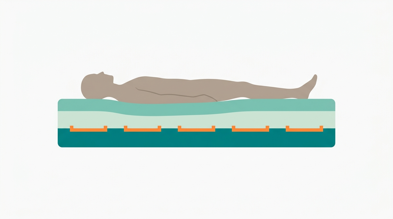 Flat 2D vector illustration showing a cross-section of a mattress with three labeled horizontal layers: a top breathable comfort layer in #78C2B2, a middle memory foam layer in #CCE3D4, and a bottom support base in #008282. A faceless genderless silhouette lies on top. Five support zones are subtly indicated along the base layer using #FF8A30 accent marks. The mattress has a 6:1 width-to-height proportion. Background is #F9F9F9. Minimalist style, no gradients, no text, generous whitespace.