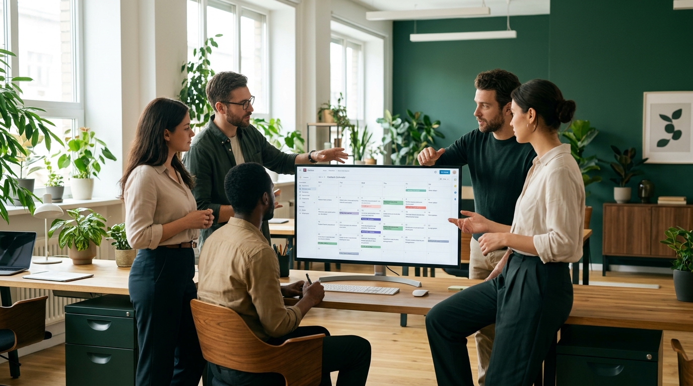 Writers, an editor, and a designer reviewing a shared content calendar on a wide monitor in a bright, plant-filled office with wooden desks