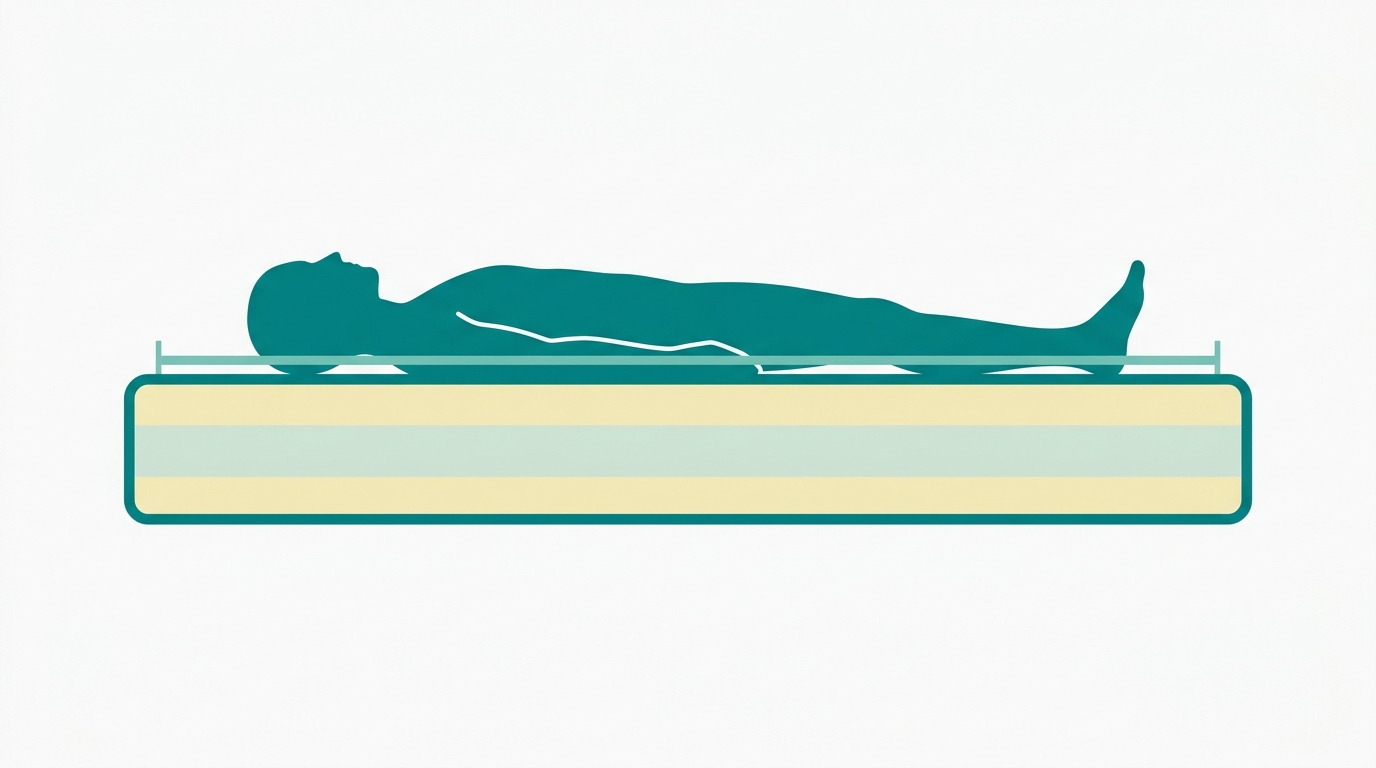 Flat vector diagram in CLC brand style showing a cross-section side view of a mattress as a clean rectangle with 3 clearly labeled internal layers in #F2E8B8 and #CCE3D4, outlined in #008282. On top of the mattress, a faceless genderless human silhouette in flat #008282 lying in supine position. Background #F9F9F9, generous whitespace. A thin ruler-like straight horizontal guide line in #78C2B2 runs along the top surface to suggest measurement or assessment. No text, no labels, no bedroom elements.
