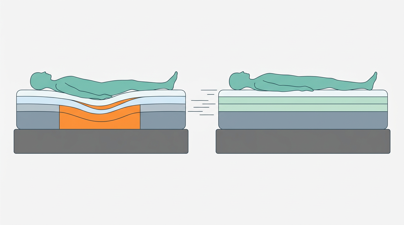 Diagrama lateral comparativo com dois colchões Emma em perfil. Colchão à esquerda com depressão marcada na zona central em #FF8A30, indicando afundamento permanente. Colchão à direita com perfil uniforme e zona superior em #CCE3D4 indicando bom estado. Silhueta humana faceless deitada sobre cada colchão em #78C2B2. Fundo #F9F9F9. Flat vector editorial. Sem texto.