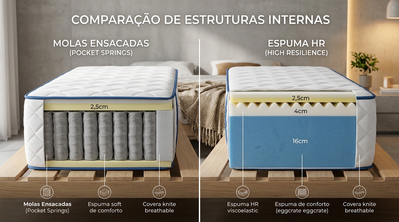 Imagem comparativa lado a lado de um colchão de molas ensacadas e um colchão de espuma HR, mostrando a estrutura interna de cada um num fundo neutro e moderno