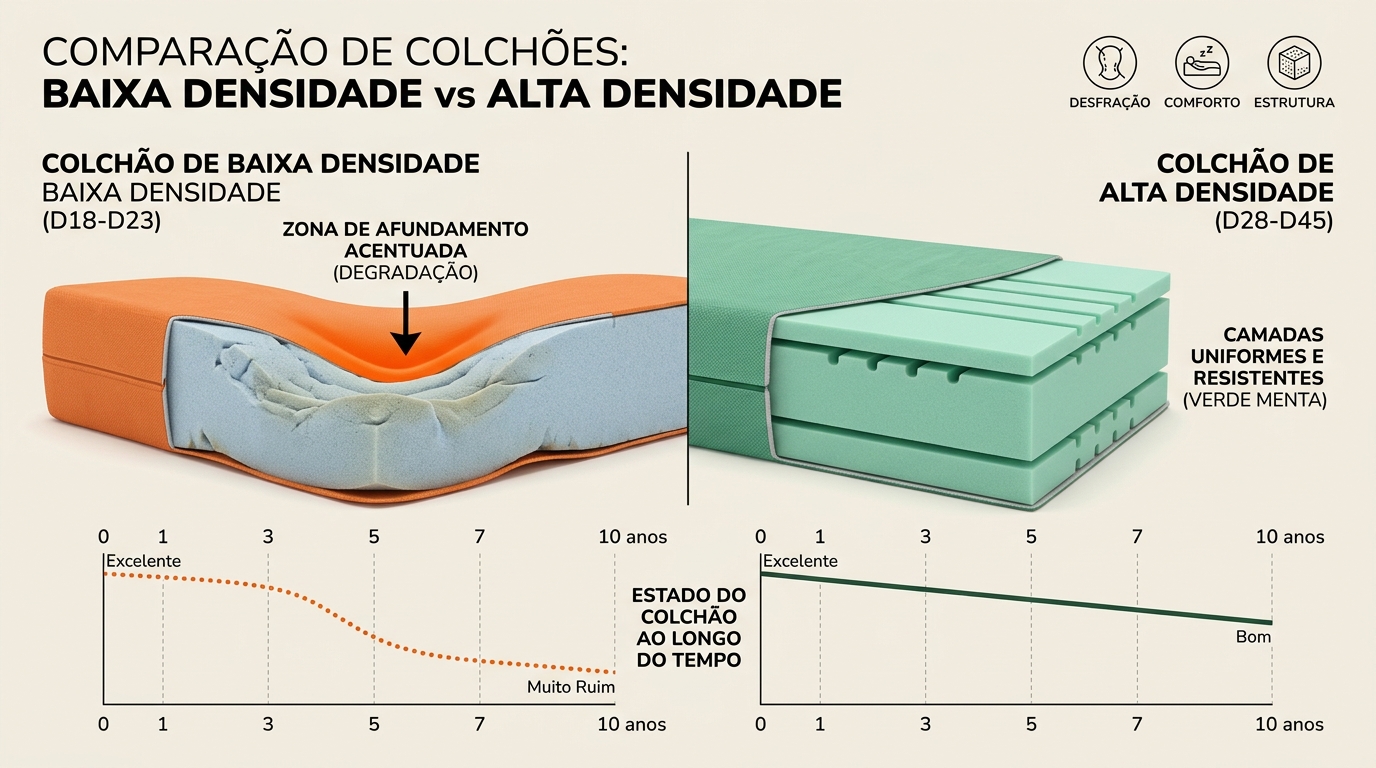 Diagrama de comparação lado a lado entre dois colchões em corte transversal: um colchão de baixa densidade (marcado com uma zona laranja de afundamento ao centro) e um colchão de alta densidade (com layers uniformes em verde menta). Eixo horizontal de tempo (0 a 10 anos) com linha de degradação descendente mais acentuada no colchão de baixa densidade.