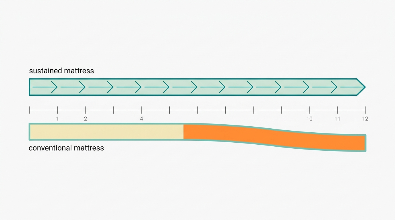 Diagrama de linha do tempo horizontal em fundo #F9F9F9 mostrando dois colchões em paralelo: colchão sustentável (contorno #008282, preenchimento #CCE3D4) mantém forma estável ao longo de 10-12 anos representados por setas horizontais; colchão convencional (contorno #78C2B2, preenchimento #F2E8B8) mostra deformação progressiva com zona laranja #FF8A30 a indicar afundamento a partir do meio da linha do tempo. Composição limpa, sem texto, fundo branco-acinzentado #F9F9F9
