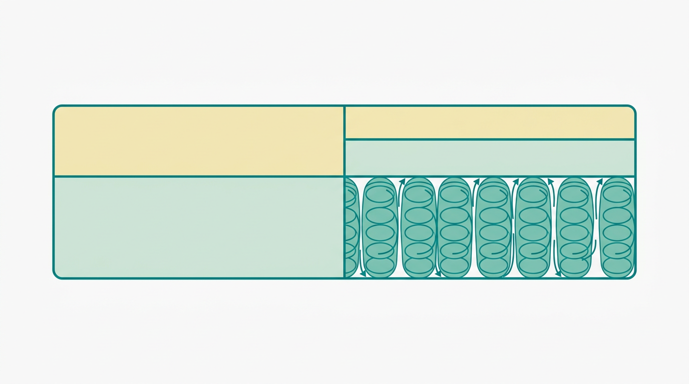 Flat vector diagram showing two mattress cross-sections side by side in a split composition, left mattress showing uniform foam layers in #F2E8B8 and #CCE3D4 outlined in #008282, right mattress showing same top layers but bottom section with individually wrapped spring coils represented as clean oval shapes in #78C2B2, air circulation arrows between coils in #008282, on #F9F9F9 background, horizontal 16:9 editorial minimalist style, no text
