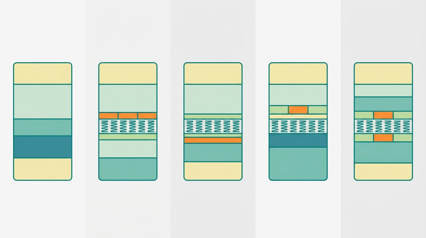 Diagrama flat vector 16:9 mostrando cinco secções horizontais lado a lado, cada uma representando uma marca com um pequeno retângulo de colchão (proporção 6:1) com camadas coloridas distintas. As camadas de cada colchão usam combinações de #F2E8B8, #CCE3D4 e #78C2B2 para as diferentes espumas e molas, com delineados em #008282. Pequenos blocos de cor em #FF8A30 indicam zonas de firmeza mais elevada onde aplicável. Fundo #F9F9F9, composição simétrica em grelha horizontal, sem texto, sem sombras.