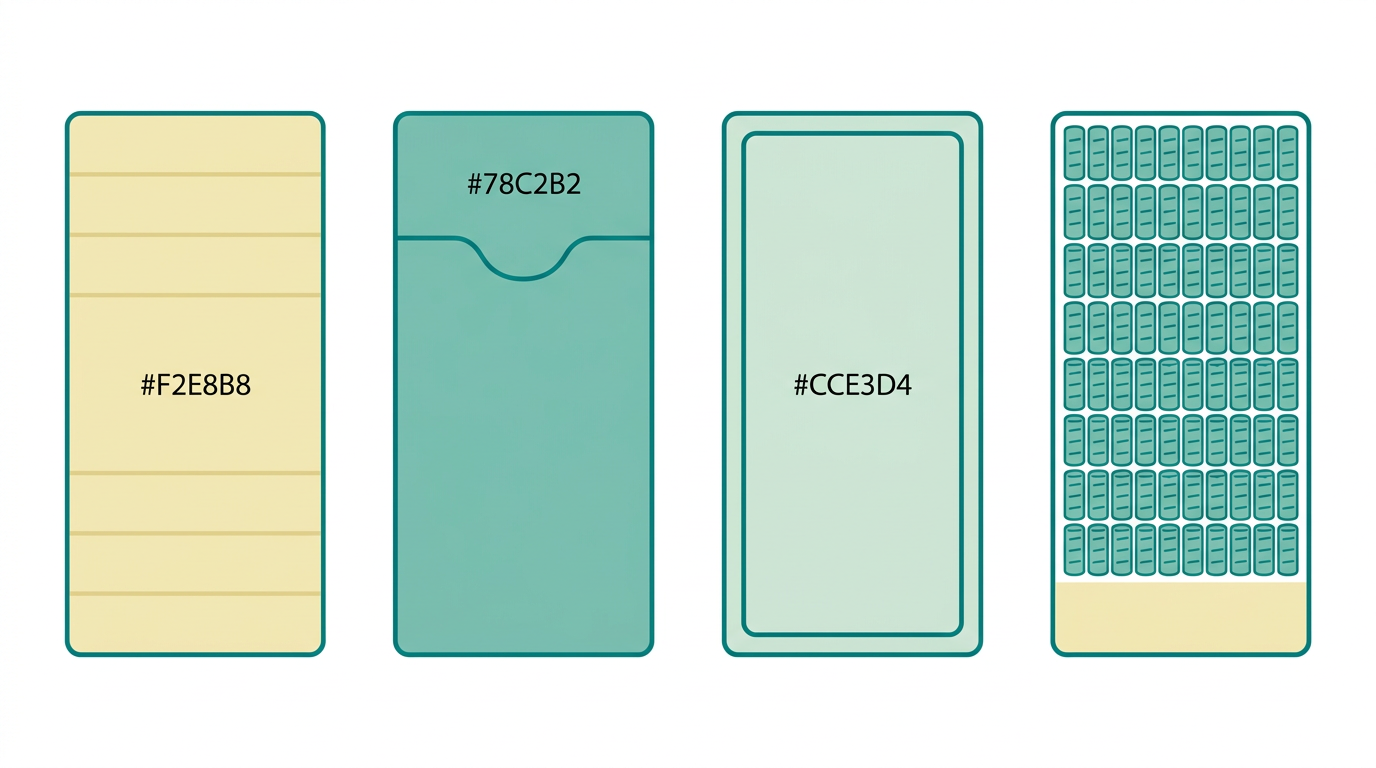 Flat vector diagram showing four separate rectangular mattress cross-sections side by side, each representing a different material type. First mattress shows uniform foam layers in #F2E8B8. Second shows a contoured memory foam depression zone in #78C2B2. Third shows a latex layer outlined in #008282 filled #CCE3D4. Fourth shows individual coil springs represented as small vertical rectangles in #78C2B2 on a #F2E8B8 base. All outlined in #008282, horizontal landscape composition, generous whitespace between each mattress, no text in image.