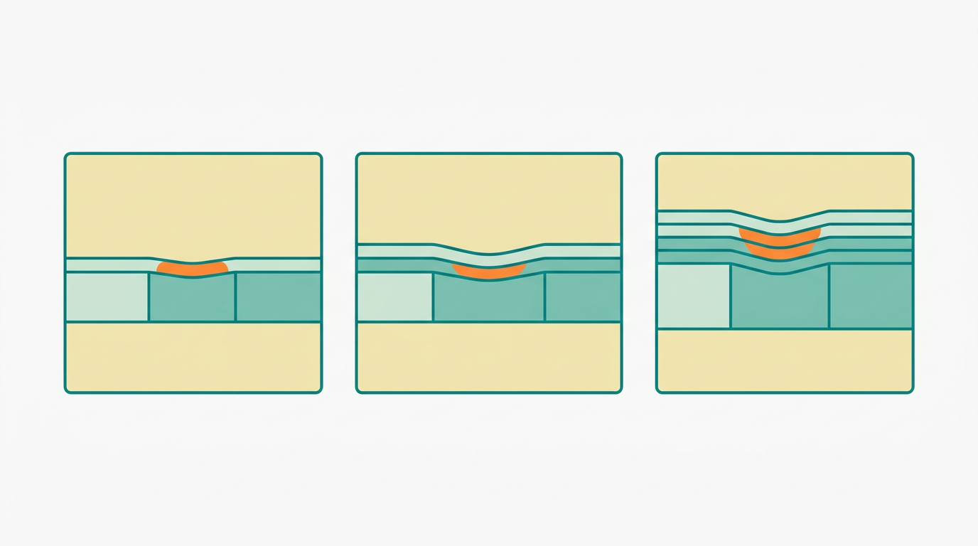 Flat vector diagram showing three mattress cross-sections side by side, each labeled with a different tier (entry, mid, premium) represented by horizontal rectangles in #F2E8B8 with layer divisions in #008282 outlines, comfort zones in #CCE3D4 and support zones in #78C2B2, pressure points indicated in #FF8A30, on #F9F9F9 background, horizontal 16:9 editorial science illustration style, no text or labels visible