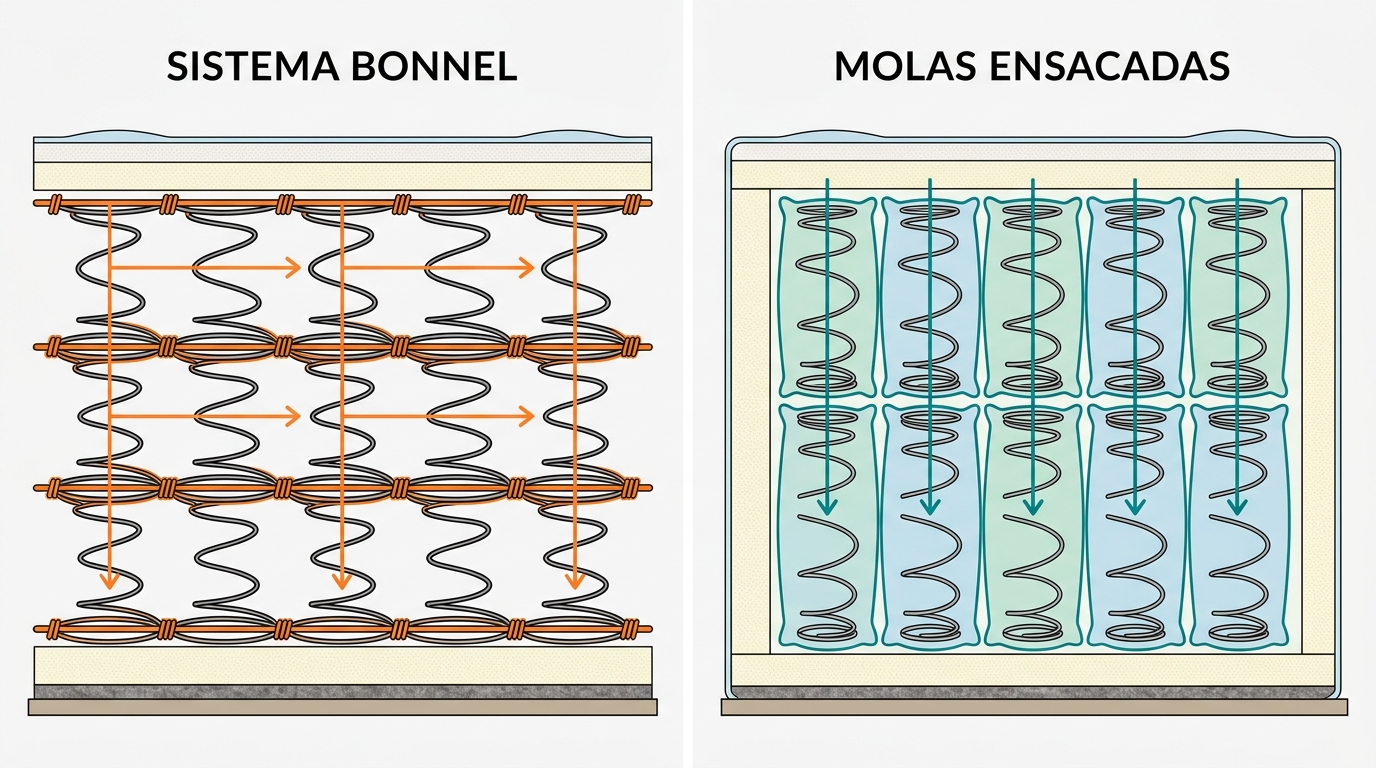 Diagrama comparativo lado a lado de dois sistemas de molas em corte transversal. À esquerda: molas Bonnel interligadas por arames horizontais, delineadas em laranja (#FF8A30) indicando transferência de movimento. À direita: molas ensacadas individuais em bolsas separadas, delineadas em teal (#008282) com espaços independentes preenchidos em menta (#CCE3D4). Fundo off-white, sem texto visível.