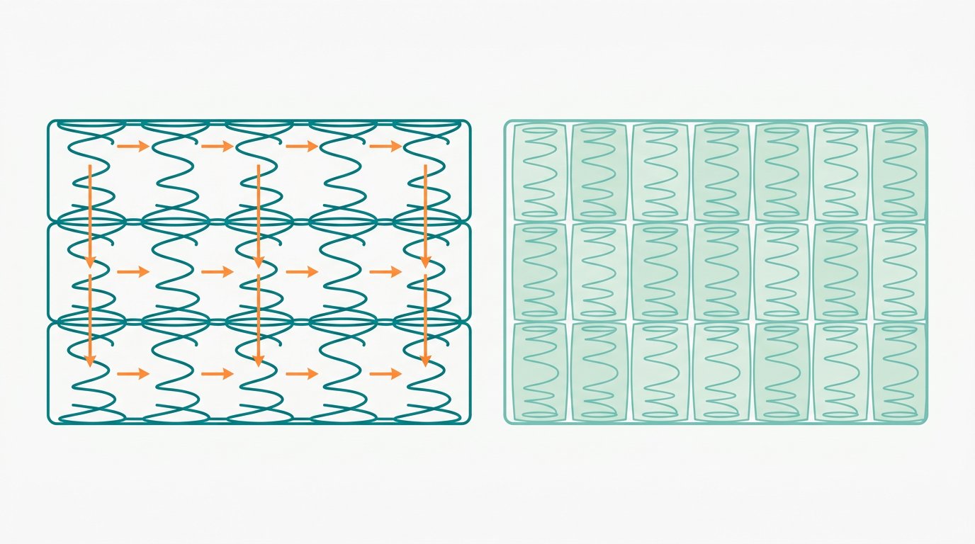 Flat vector diagram in CLC brand style showing two mattress cross-section rectangles side by side in strict 6:1 ratio. Left rectangle shows interconnected biconic Bonnell springs in 008282 outlines with arrows indicating shared movement transmission highlighted in FF8A30. Right rectangle shows individually wrapped pocket springs in 78C2B2 with isolated movement zones shown in CCE3D4, demonstrating independence. Background F9F9F9, generous whitespace, no text, purely orthographic side view.