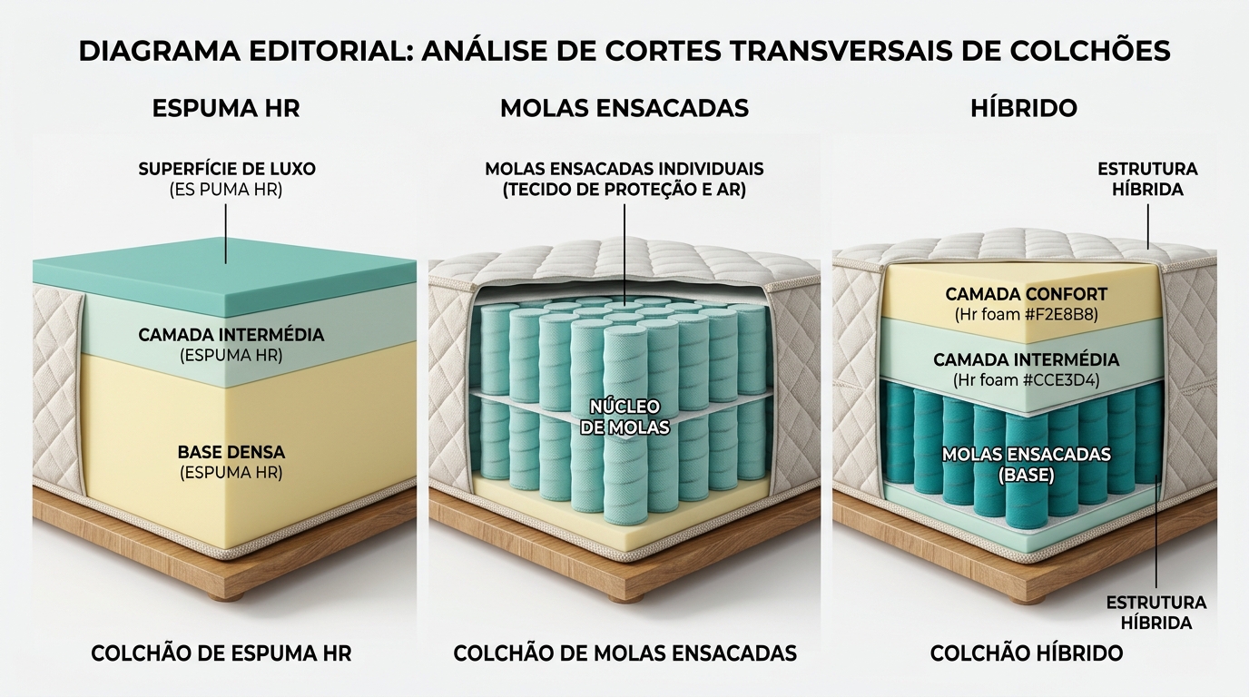 Diagrama editorial lado a lado mostrando 3 cortes transversais de colchões: o primeiro com camadas de espuma HR (fill #F2E8B8 base densa, #CCE3D4 camada intermédia, #78C2B2 superfície), o segundo com molas ensacadas representadas por formas cilíndricas em #008282 com espaço de ar entre elas, e o terceiro híbrido combinando molas na base em #008282 e camadas de espuma acima em #CCE3D4 e #F2E8B8. Fundo #F9F9F9, composição 16:9.