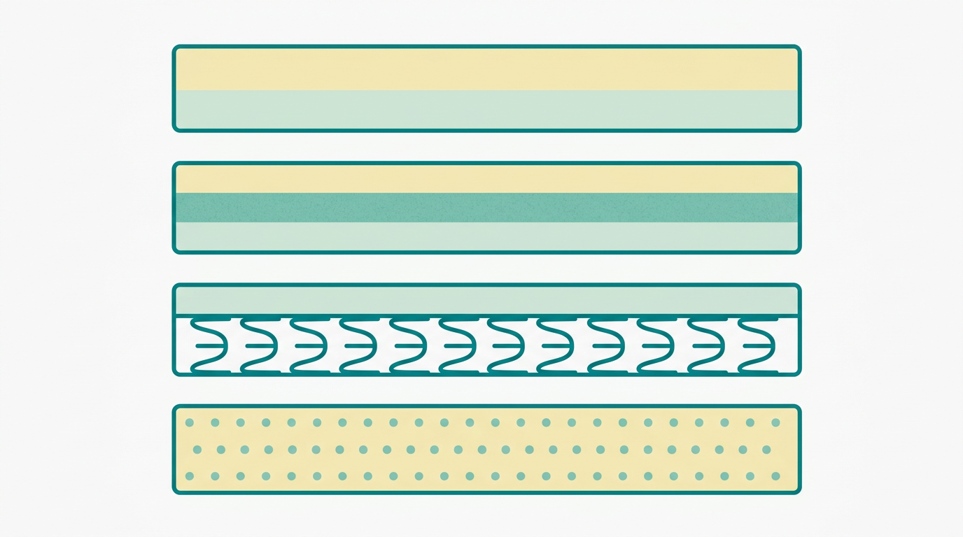 Diagrama editorial flat vector em paisagem 16:9. Quatro retângulos horizontais alinhados verticalmente, cada um representando um tipo de colchão com 2 a 3 camadas internas. Primeiro retângulo: 2 camadas fills #F2E8B8 e #CCE3D4 (espuma). Segundo: 3 camadas com fill #78C2B2 no centro (viscoelástico). Terceiro: camada inferior com formas em arco evocando molas em #008282, camada superior fill #CCE3D4 (híbrido). Quarto: camada uniforme fill #F2E8B8 com pequenas perfurações circulares #78C2B2 (látex). Todos os contornos em #008282. Fundo #F9F9F9. Composição centrada, espaço generoso entre elementos. Sem texto, sem rótulos, sem ícones.