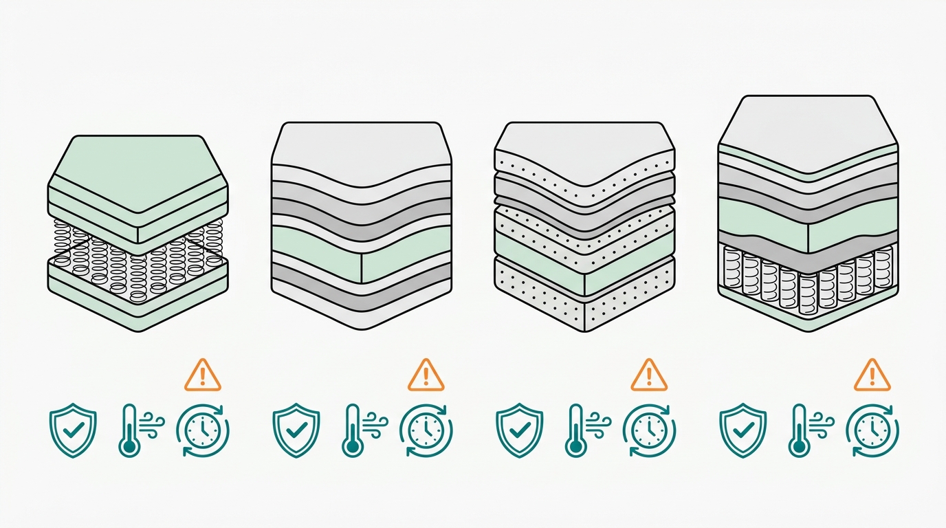 Flat 2D vector illustration showing four mattress cross-section icons side by side, each slightly different in layering to suggest different construction types. Below each mattress, small icons suggest benefits: a shield for warranty, a thermometer for temperature regulation, a clock for durability. Colors: #008282 for positive icons, #FF8A30 for caution indicators, #CCE3D4 for support zones. Background #F9F9F9. Minimalist, no text, no logos, no gradients.