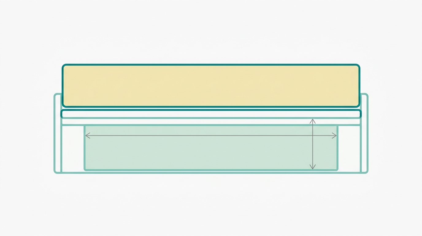 Flat vector side-view diagram showing a mattress rectangle in #F2E8B8 with #008282 outline sitting precisely inside a sommier base outline in #78C2B2, with thin measurement arrows in #7A7A7A indicating interior width and length dimensions, below the mattress a visible storage compartment space in #CCE3D4, all on #F9F9F9 background, minimalist 2D orthographic illustration, no shadows, no text, no gradients