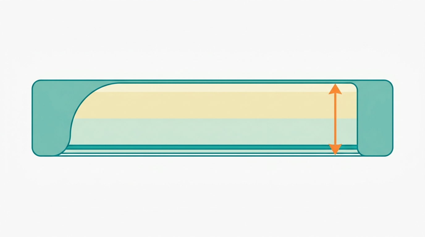 Flat vector diagram in landscape 16:9 showing a side cross-section of a mattress rectangle (6:1 ratio, layers in #F2E8B8 and #CCE3D4, outline #008282) with a vertical measurement arrow in #FF8A30 indicating the 25cm height on the side. A fitted cover wraps around the mattress perfectly, shown in #78C2B2. The elastic band at the bottom edge is highlighted as a thin line in #008282. Background #F9F9F9, ample whitespace, no text, no gradients.