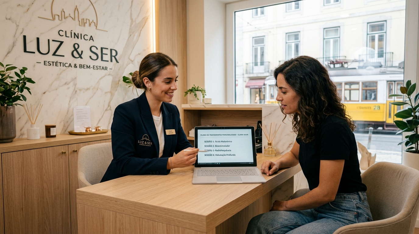 Rececionista de uma clínica de estética em Lisboa a explicar a uma paciente, num tablet, os tratamentos incluídos num plano de quatro sessões