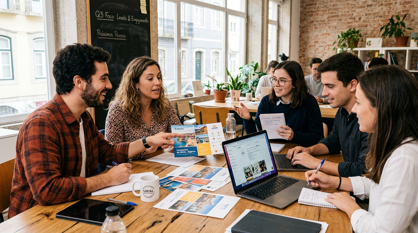 Fotografia de uma equipa de marketing de uma pequena empresa portuguesa reunida à volta de uma mesa, a discutir materiais de comunicação impressos e um computador com redes sociais abertas, num ambiente de trabalho colaborativo e contemporâneo