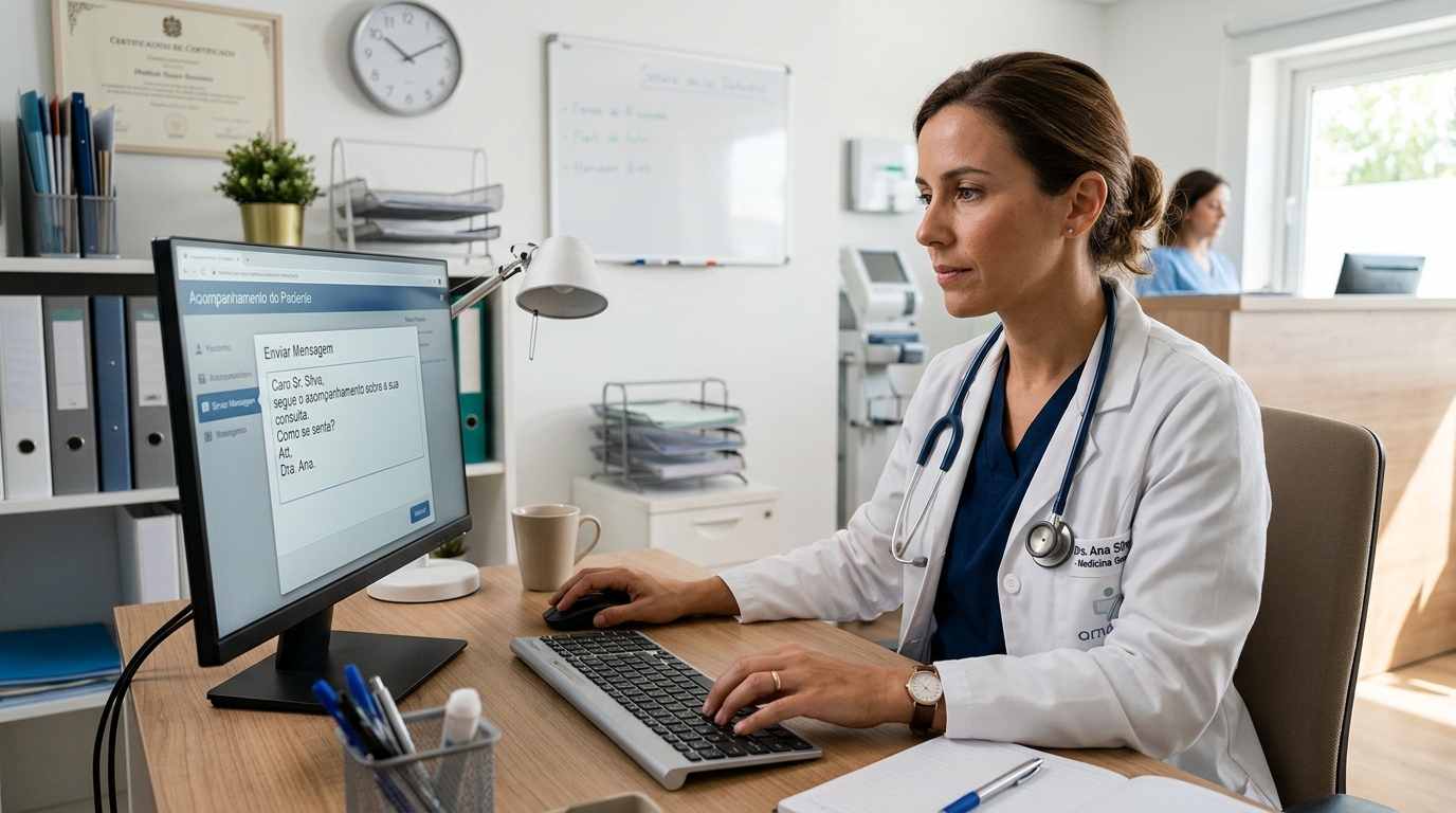 Fotografia de médica a enviar mensagem de acompanhamento pelo computador, com expressão atenta e ambiente clínico organizado ao fundo