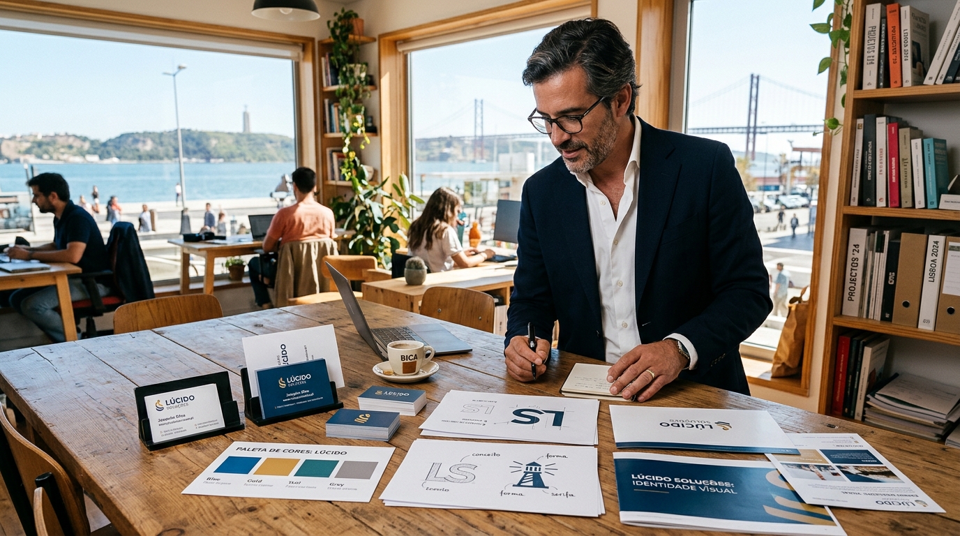 Fotografia de um empresário português a observar um conjunto de materiais de identidade visual dispostos numa mesa de trabalho, incluindo cartões de visita, paleta de cores e esboços de logótipo, num ambiente de escritório moderno e luminoso em Lisboa