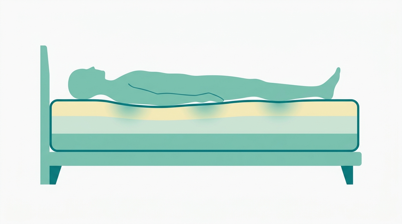 Diagrama flat editorial de uma cama vista de lado com silhueta humana faceless em #78C2B2 deitada em posição de repouso. O colchão mostrado com 3 camadas visíveis em #F2E8B8, #CCE3D4 e #78C2B2, contorno em #008282. Zonas de pressão distribuída uniformemente indicadas com cor #CCE3D4 (positivo). Fundo #F9F9F9, espaço generoso à volta.