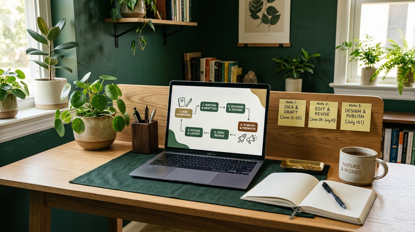 A tidy desk with a laptop showing a step-by-step publishing workflow, green plants, and handwritten sticky notes labeled with workflow stages