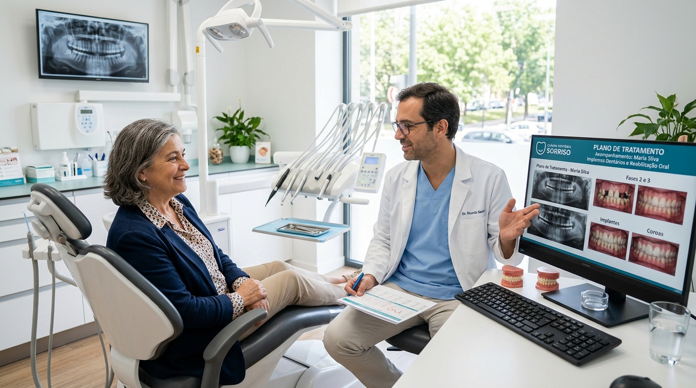 Paciente em consulta de acompanhamento numa clínica dentária a conversar com o dentista sobre o plano de tratamento