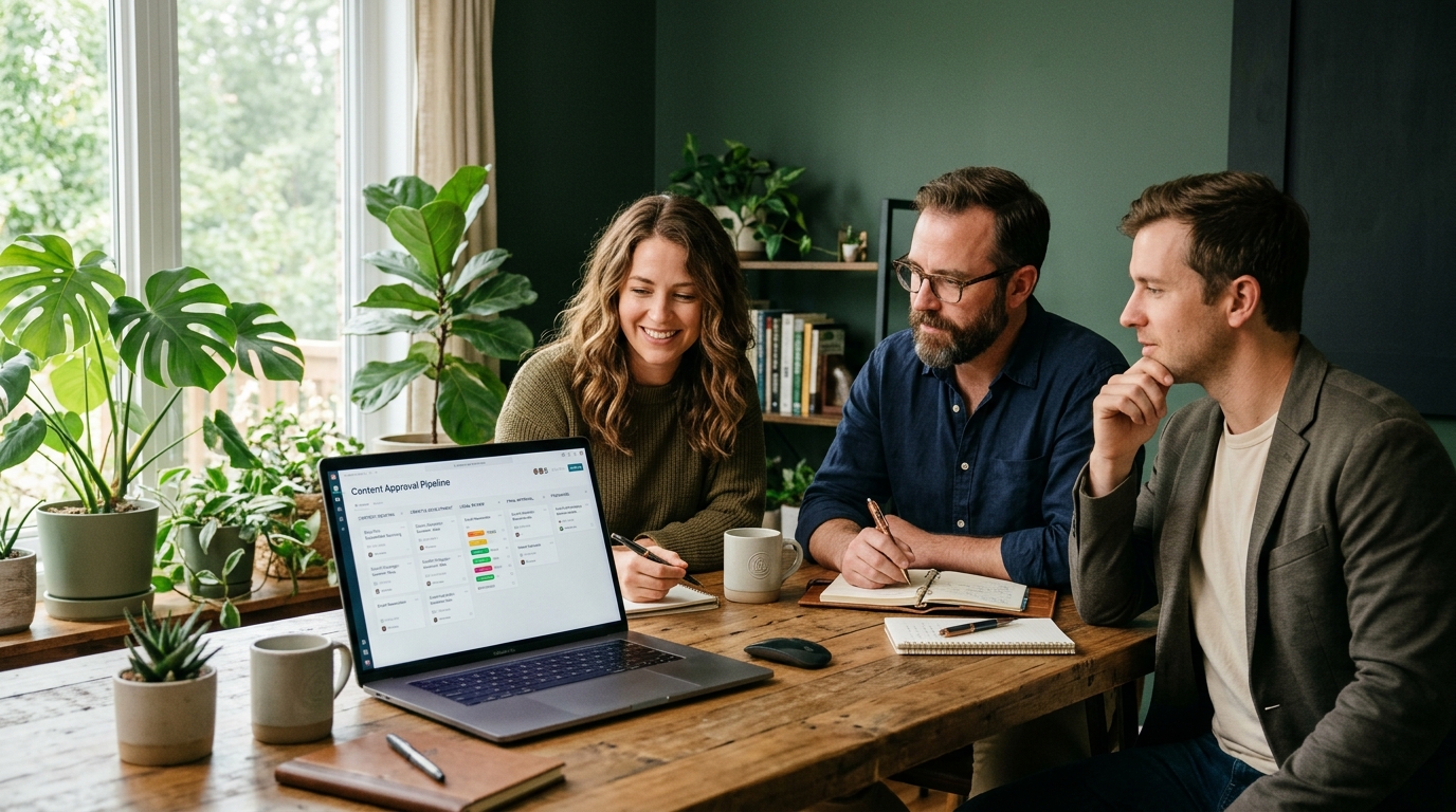 A marketing lead, a legal reviewer, and an operations manager gathered around a wooden table with a laptop showing a content approval pipeline, soft natural light, potted plants nearby