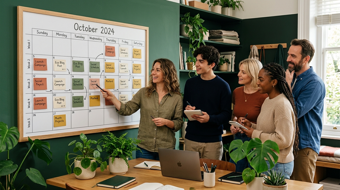 A marketing team gathered around a wall-mounted monthly calendar with color-coded content cards, natural light, green plants on the desk