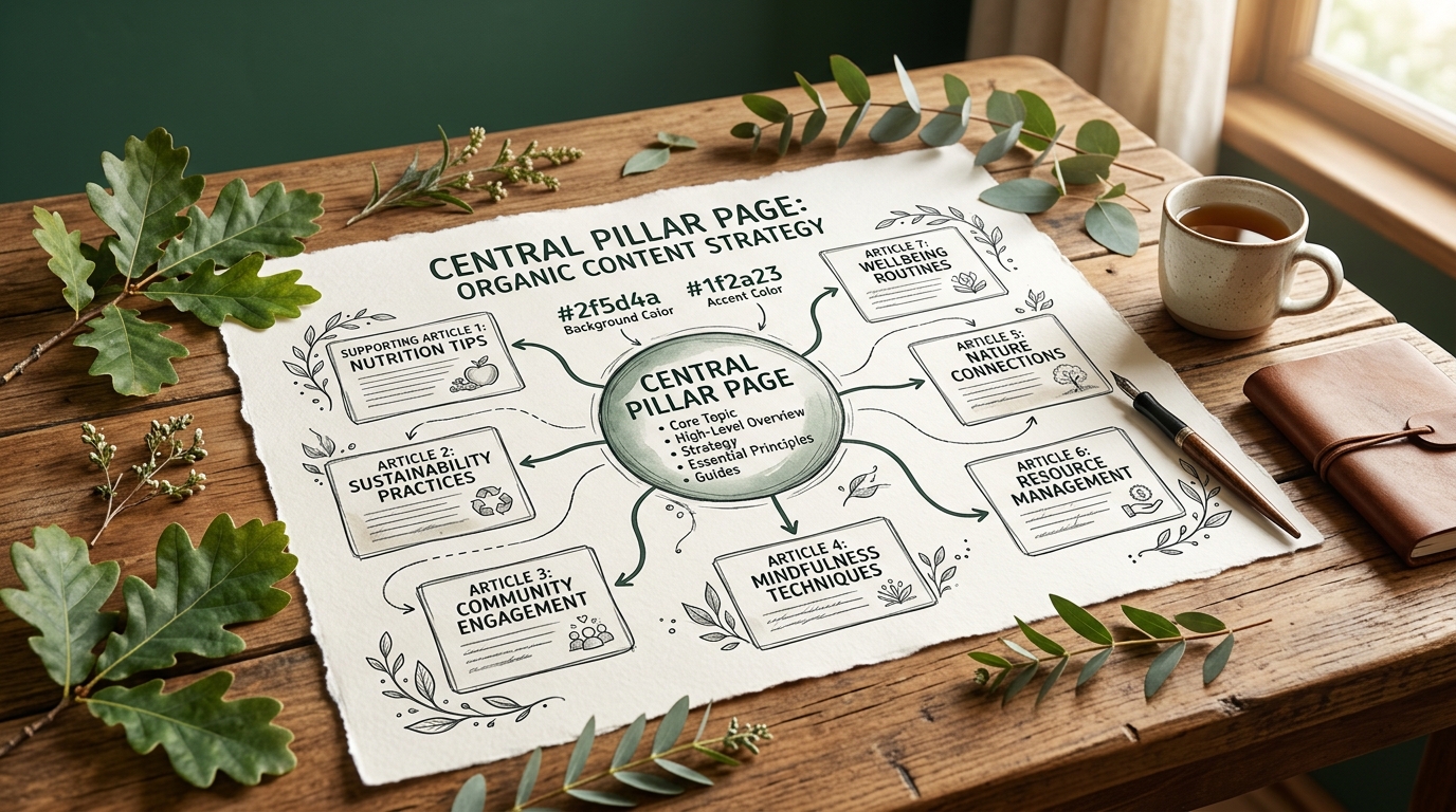 A hand-drawn style diagram on a table showing one central pillar page connected by lines to smaller supporting articles, surrounded by leaves and warm natural light