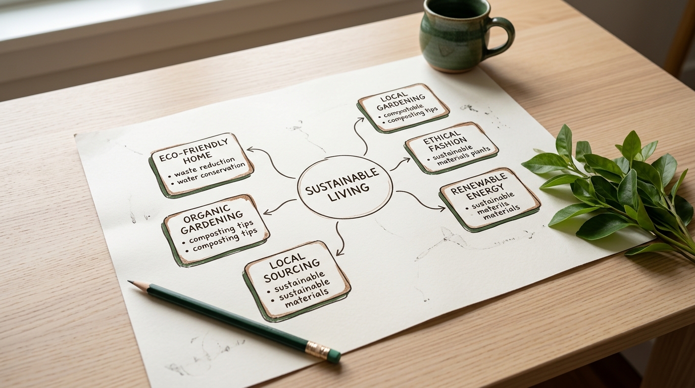 Hand-drawn topic cluster map with a central theme and connected subtopic cards laid out on a light wooden desk with a pencil and green leaves
