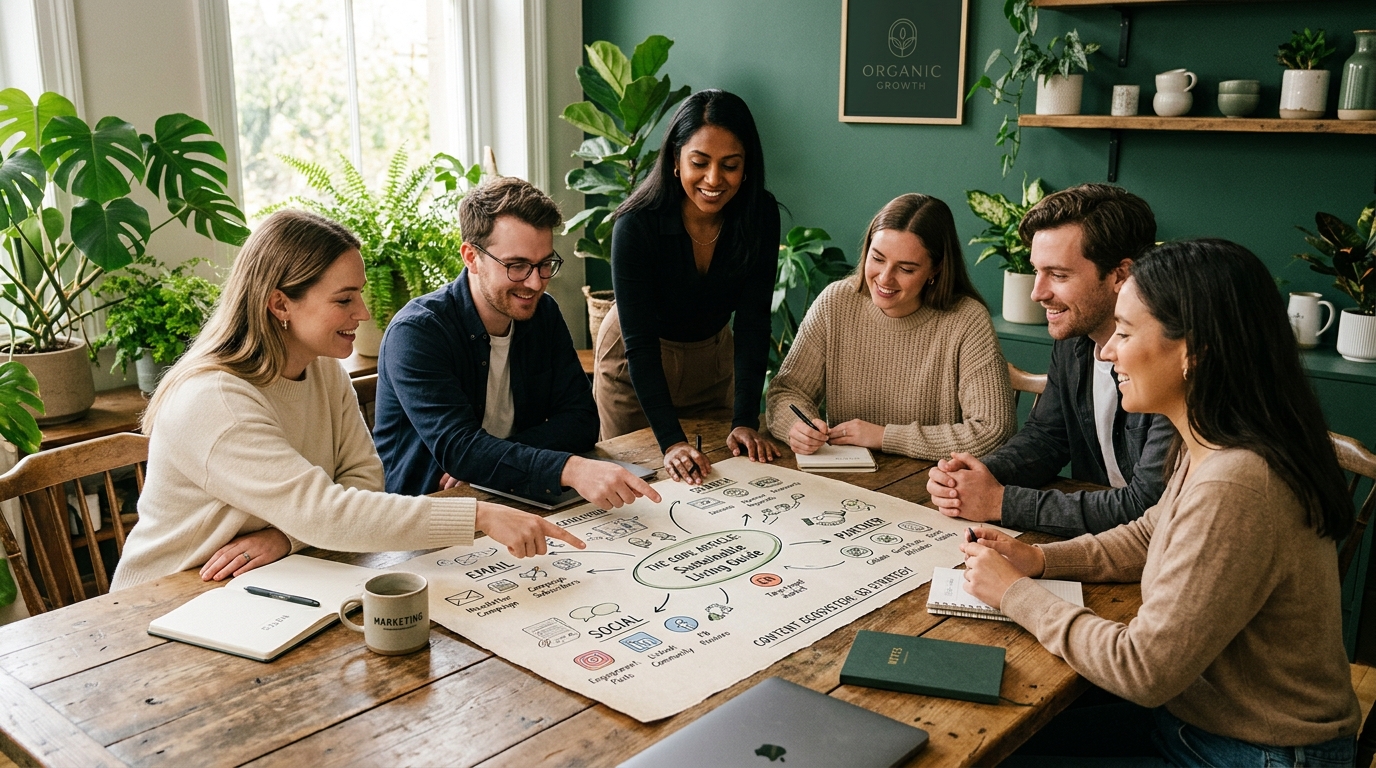 A marketing team gathered around a wooden table reviewing a printed map that connects one central article to email, social, partner, and search channels, soft natural light, green plants in the background