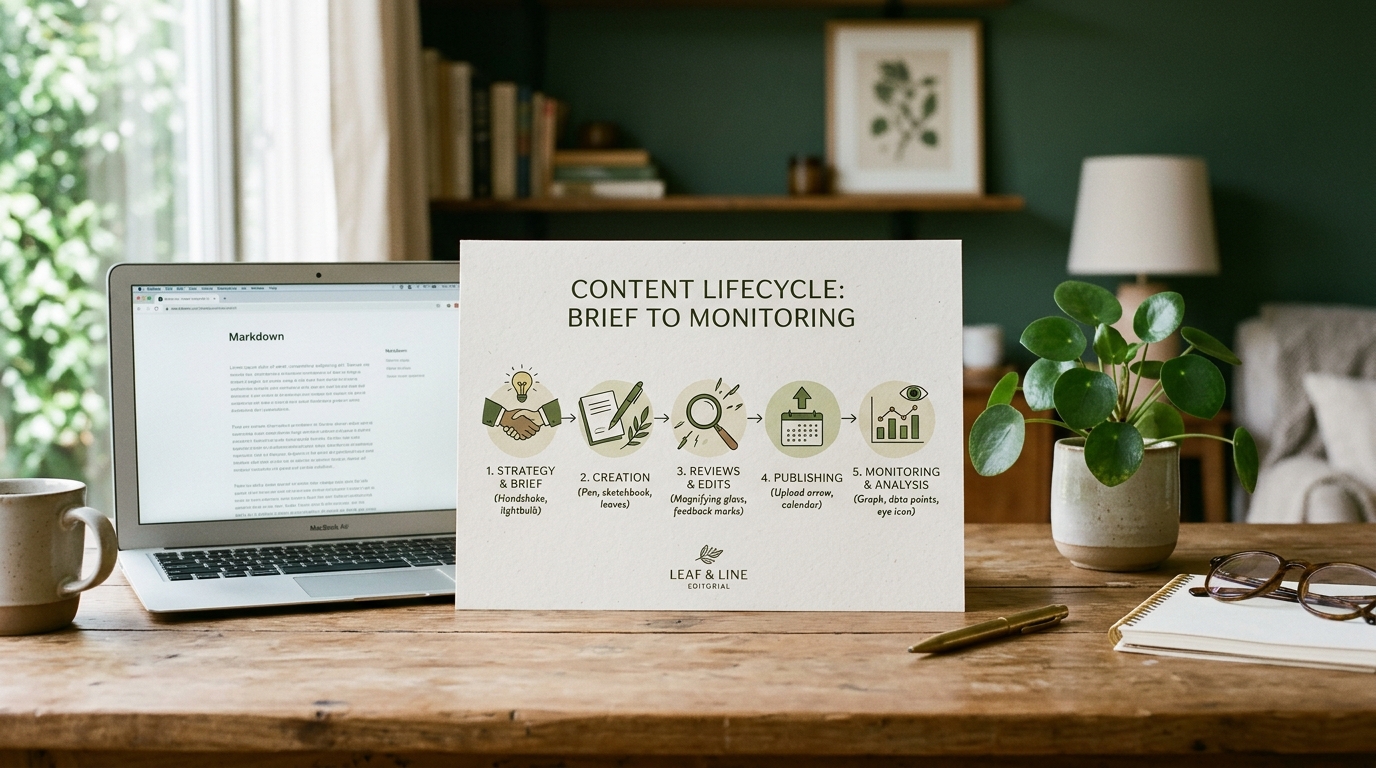 A calm editorial workspace with a printed content lifecycle diagram on a wooden desk, showing stages from brief to monitoring, a laptop beside it, and a potted plant in soft natural light