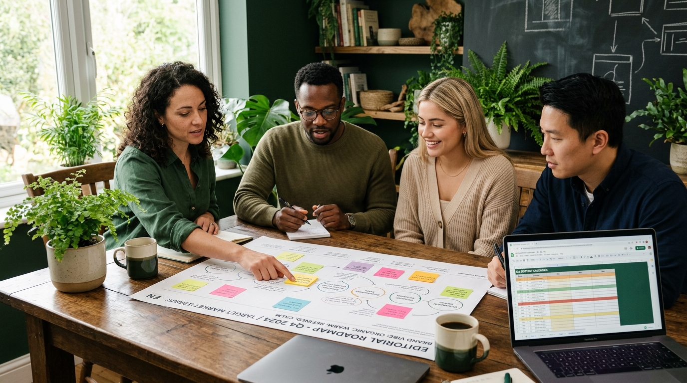 A marketing team gathered around a wooden table reviewing a printed editorial roadmap with sticky notes, a laptop showing a content calendar, and a potted plant in soft natural light