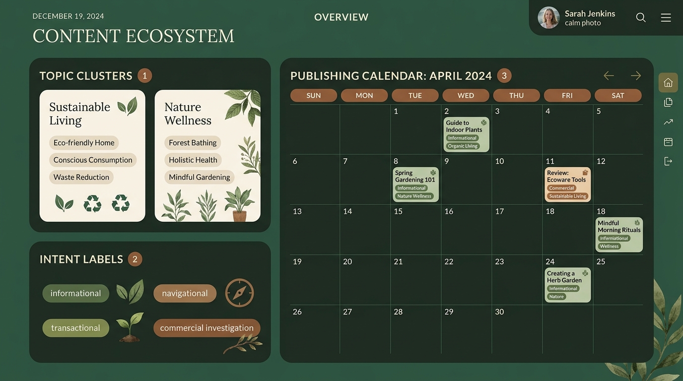 a screen showing grouped topic clusters, intent labels, and a publishing calendar