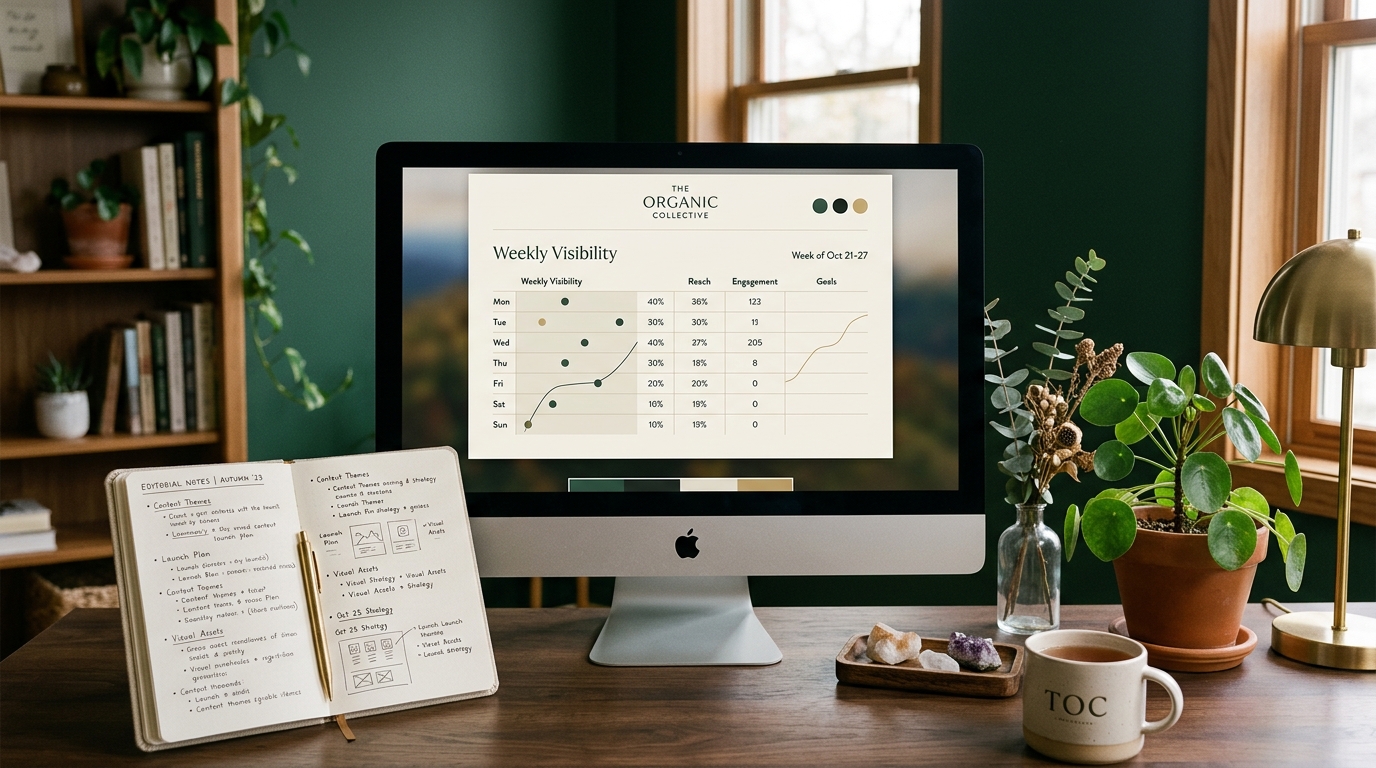 A calm studio scene with a monitor showing a weekly visibility chart, a notebook of editorial notes, and fresh greenery on the desk