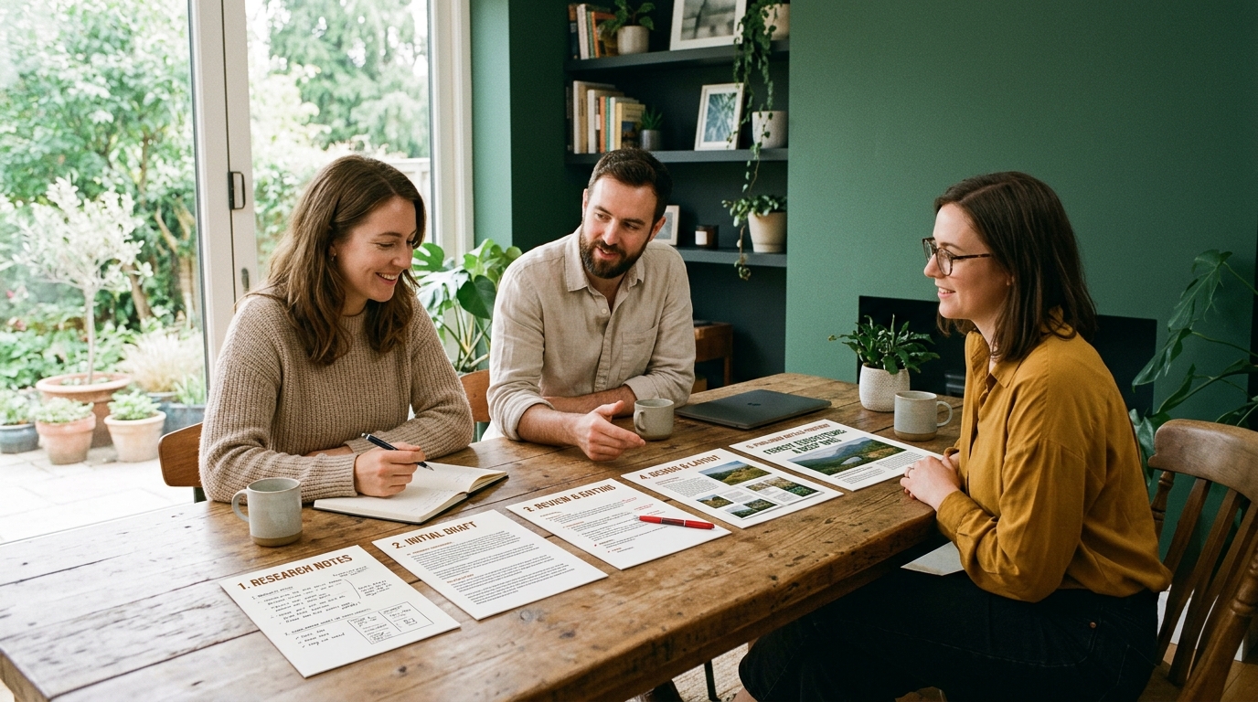 A team of three colleagues gathered around a table with printed workflow cards arranged left to right, from research notes to a published article preview, in a bright room with natural light