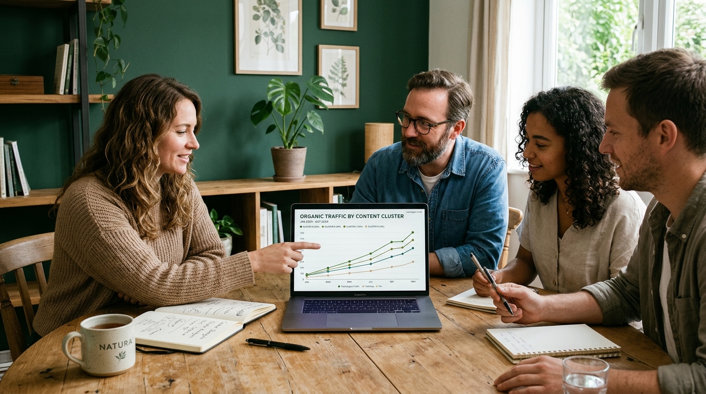 A small team gathered around a laptop displaying a clean line chart of organic traffic by content cluster, with notebooks and a ceramic mug on a light wooden table