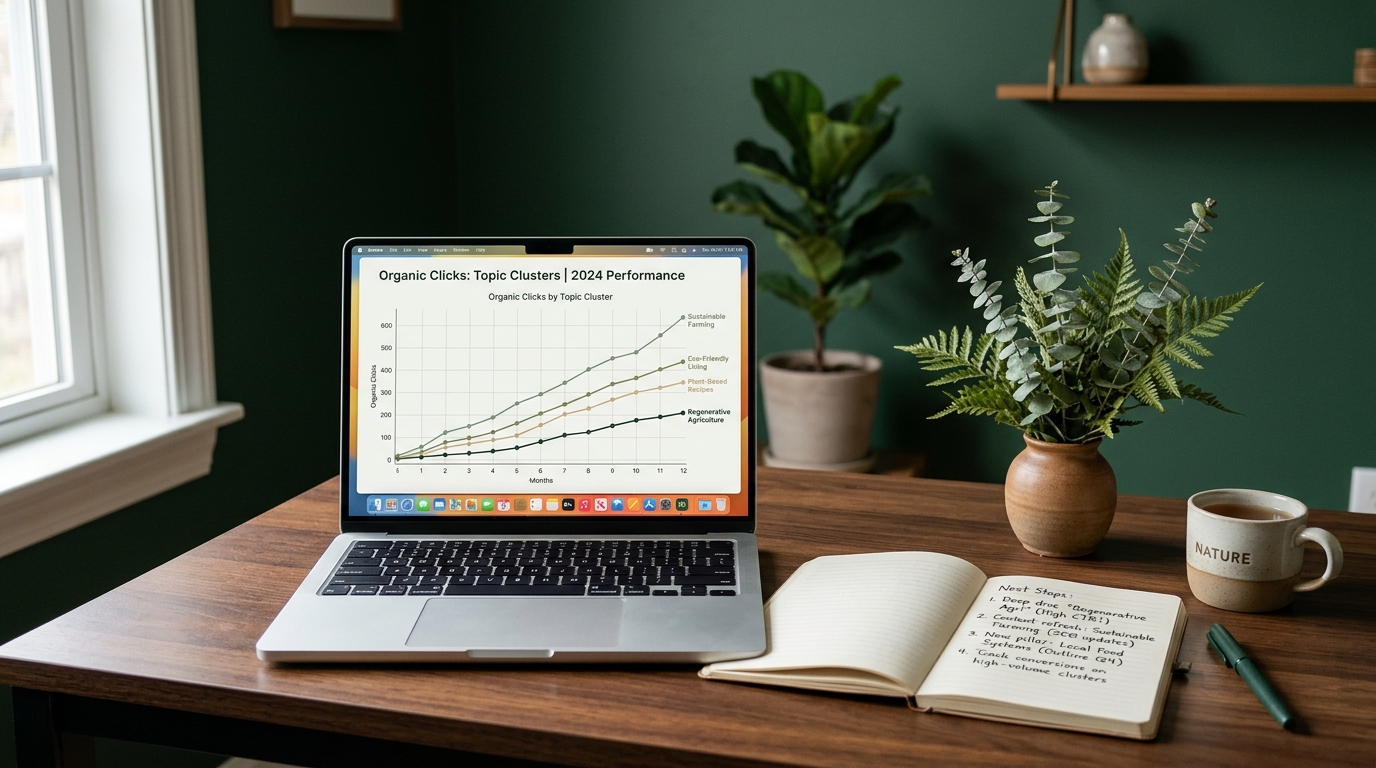 A laptop displaying a clean line chart of organic clicks grouped by topic cluster, beside a notebook with handwritten next-step notes and a small sprig of greenery