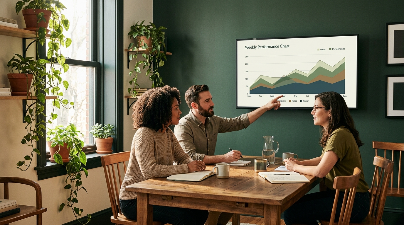 A small team reviewing a weekly performance chart on a screen in a calm, sunlit meeting room with wooden furniture and trailing plants