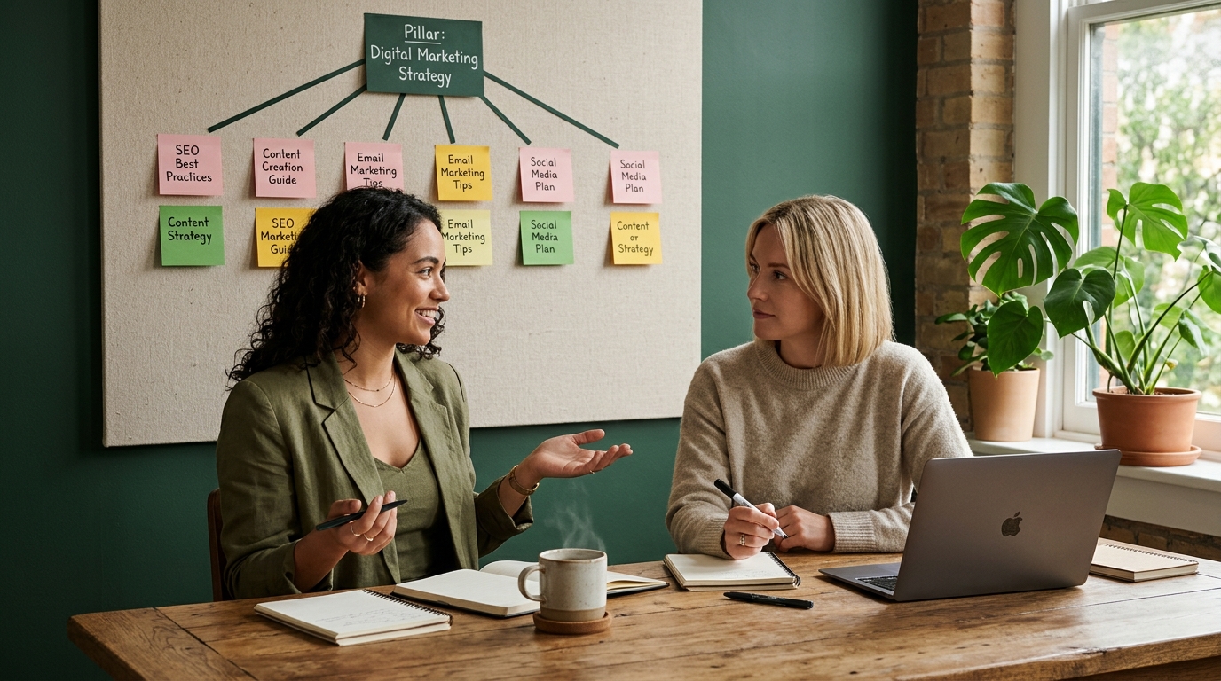 Two colleagues at a wooden table planning a pilot content cluster with sticky notes arranged in a pillar-and-supporting-pages layout, soft morning light and a green plant in the background