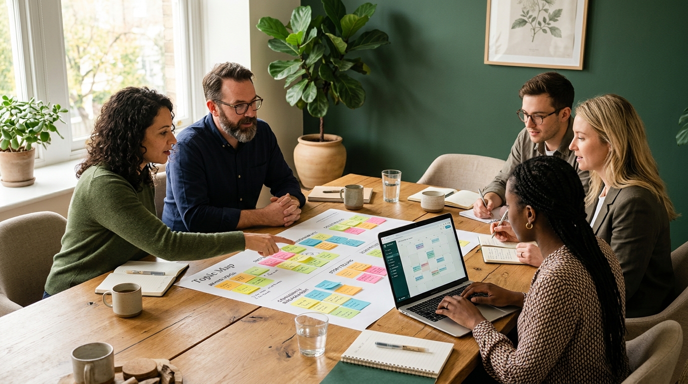 A marketing team gathered around a large table with a printed topic map, sticky notes grouped into clusters, and a laptop showing a content calendar, warm natural light from a window and a green plant in the corner