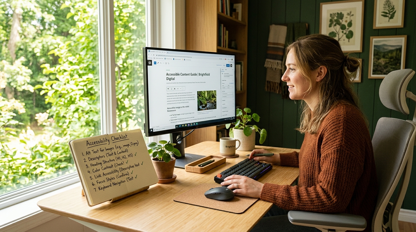 A content editor at a bright desk checking a web article on a monitor beside a notebook with an accessibility checklist, with a window showing green foliage