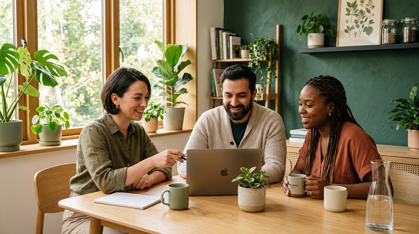 Three colleagues around a light wooden table looking at a laptop that shows a content approval checklist, with green plants and warm daylight from a window
