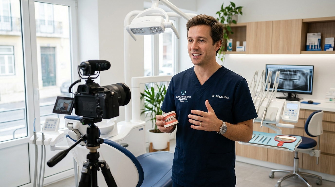 Fotografia de um médico dentista português a gravar um vídeo explicativo numa clínica moderna, com equipamentos dentários visíveis ao fundo, numa postura natural e acessível