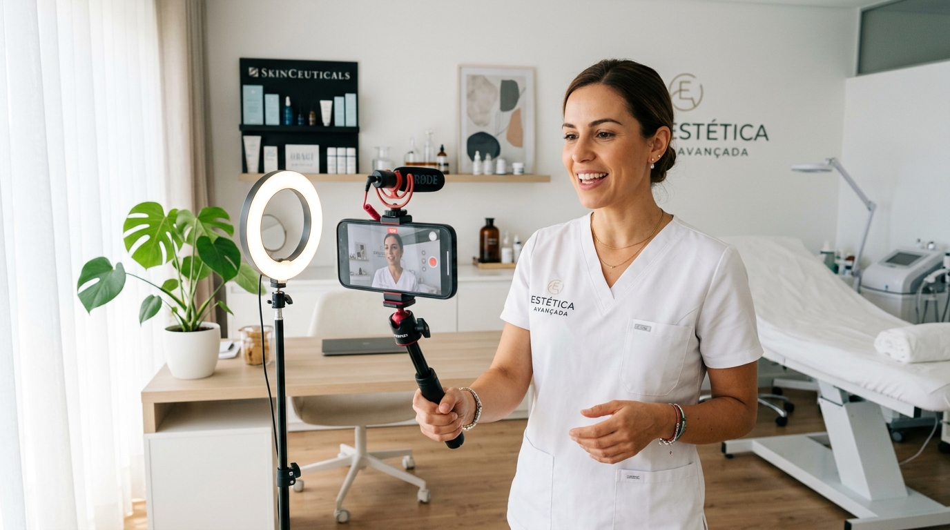 Fotografia de um profissional de saúde estética a gravar um vídeo educativo no smartphone num consultório moderno e iluminado, com setup profissional simples