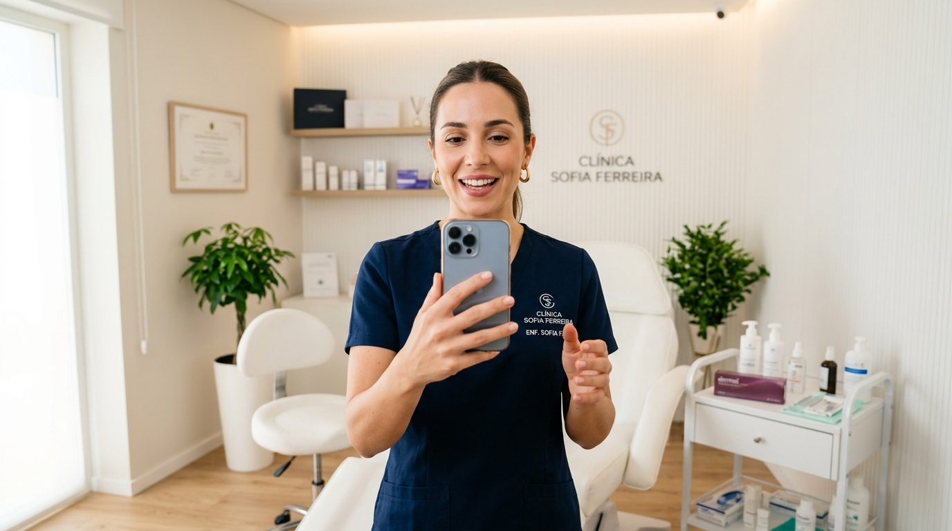 Fotografia de uma profissional de saúde a gravar um vídeo curto com um smartphone num consultório estético moderno, com boa iluminação e fundo neutro, contexto de criação de conteúdo educativo para redes sociais