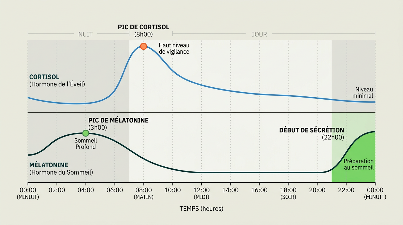 Diagramme scientifique horizontal représentant la courbe circadienne du cortisol sur 24 heures (pic à 8h, descente progressive, minimum à minuit) en regard de la courbe de mélatonine (montée à partir de 22h). Représentation en ligne épurée sur fond #EBEFE8, axe du temps en bas, hormones annotées en #002B14, pic de cortisol coloré en #FE581B, pic de mélatonine en #76DB5D. Style flat vector scientifique, minimaliste, IBM Plex Sans.