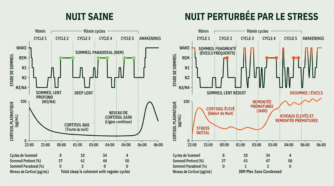 Infographie scientifique horizontale montrant la structure d'une nuit normale (cycles de 90min, stades lent profond et paradoxal) avec superposition de la courbe de cortisol. Deux scénarios côte à côte : nuit saine (cortisol bas toute la nuit) vs nuit perturbée par le stress (cortisol élevé en début de nuit et remontée prématurée à 3h). Fond #EBEFE8, lignes #002B14, zone perturbée colorée en #FE581B, zone saine en #76DB5D. Style flat vector scientifique, IBM Plex Sans Condensed pour les labels.