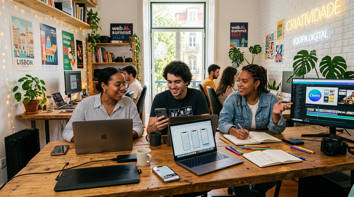 Pequena equipa de dois ou três profissionais jovens a trabalhar em conteúdo digital num espaço de trabalho criativo, com computadores, telemóveis e material gráfico, ambiente descontraído e produtivo