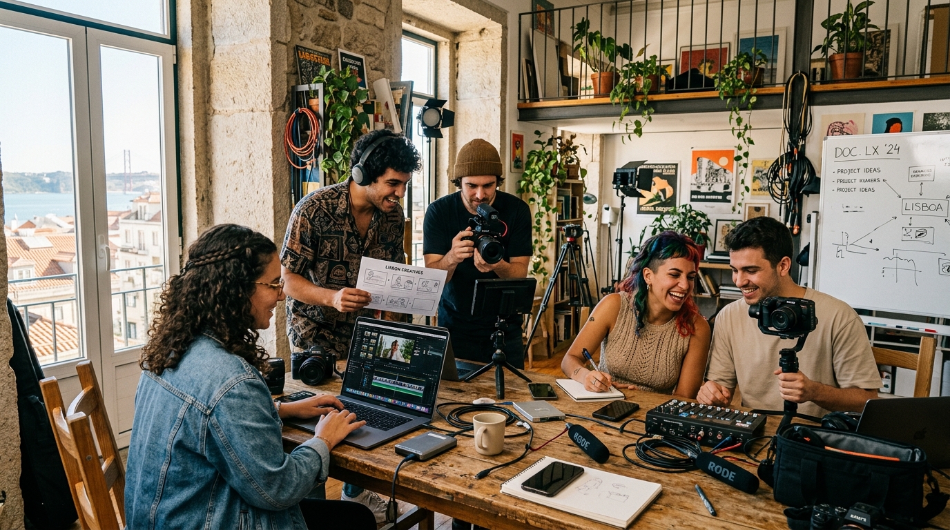 Fotografia de uma equipa criativa jovem a trabalhar num estúdio em Lisboa, com câmara fotográfica, portátil e material de gravação de vídeo